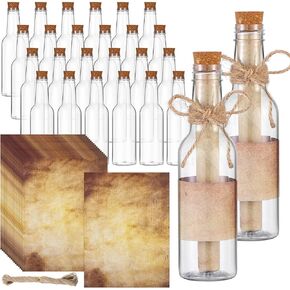 Baderke 24 Pcs 5.6 oz Message Bottles with 50 Sheets Vintage Design Paper Plastic Bottles & Corks Twines for Message Invitations Birthday Wedding Baby Shower DIY Crafts Gift Party Favors