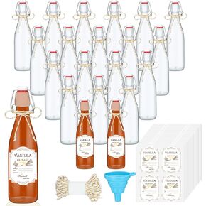 Queekay 20 Pack Mini Swing Top Glass Bottles for Vanilla Extract Homemade Olive Oil Bottles with Lids Airtight Cap Lids Labels for Wedding Baby Shower Favors(Clear, 120ml)