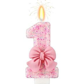 1st Birthday Pink Bow Glitter Number Birthday Candles - 2.95 Inch Cake Topper Decorations for Kids, Girls, Adults, Wedding, and Anniversary Party Supplies