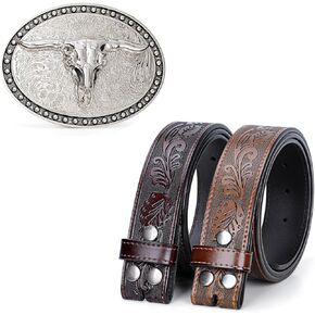 SANSTHS Western Leather Belts for Men, 1 Big Silver Cowboy Belt Buckle & 2 Western Belt Straps for 42"-44" Waist