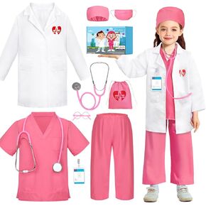 Doctor Costume for Kids Scrubs for Girls Boys with Lab Coat, Doctor Dress Up with Real Stethoscope, Halloween Costumes for Girls Doctor Kit for Kids Career Day Costume, Toys Gifts for 5-8 Kids