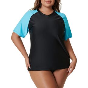 Tournesol Women's Plus Size Swim Shirt Short Sleeve Rash Guard V Neck UPF 50+ Swimsuit Rashguard Tops
