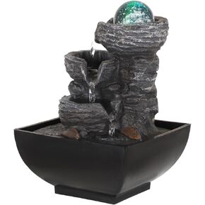 Tabletop Fountain with LED Light, Indoor Zen Meditation Fountain with Waterfall Function, 3-Tier Rock Water Fountain with Decorative Bubble Ball for Home Office Decor