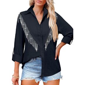 MYMORE Womens Rhinestone Fringe Button Up Chambray Denim Shirt Rolled 3/4 Sleeve Sparkly Top Country Western Cowgirl Outfit