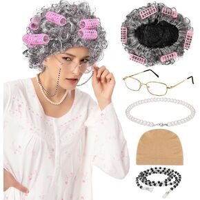 XEPST Old Lady Costume Set for Women, Old Lady Wig Granny Costume Grandma Dress Up Accessories Set with Hair Rollers, Grandma Glasses, Eyeglass Chain, Pearl Necklace