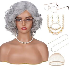 Old Lady Wig Costume Set for Women Grandma Wig and Glasses Chain Pearl Bead Necklace Silver Grey Granny Wigs for Old Woman Cosplay Halloween Party (Gray)