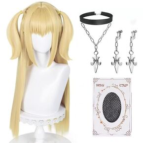 Misa Amane Cosplay Wig+Necklaces+Earrings Blonde Anime Wig Long Straight Wig with Cap for Halloween Costume Party