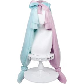 Half Blue Half Pink Cosplay Wig Anime Long Straight Wig with Bow Bun Synthetic Fiber Wig for Role Play Party