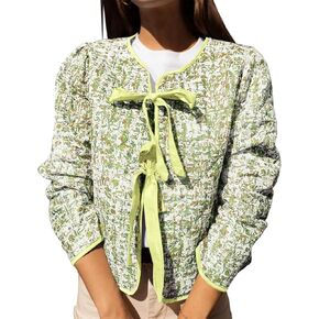 Yousify Womens Cropped Puffer Jackets Floral Print Tie Open Front Lightweight Quilted Jacket Winter Coats Outerwear