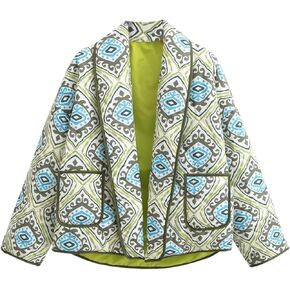 Omoone Women's Quilted Jacket Cardigan Lightweight Floral Print Open Front Padded Puffer Jackets