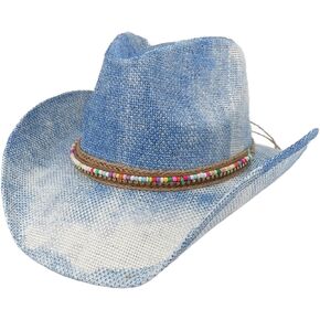 Boho Western Straw Cowboy Hat Star or Beaded Band, Adjustable Unisex Festival Accessory