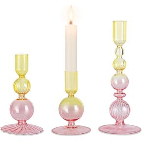 Glasseam Pink Glass Candlestick Holder: Unique Candle Holders Set of 3 Modern Taper Candle Holder Decorative Candle Holders for Table Centerpiece Party Christmas Home Wedding Decoration