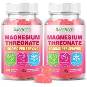 2 Pack Magnesium Threonate Gummies 1000mg ، ملحق Magnesium L-Threonate للأطفال والكبار ، دعم الجهاز العصبي ، غير المعدلة وراثيًا ، خالية من السكر ، نكهة التوت ، 120 COUNT