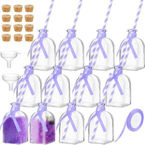 Baderke 12 Pcs Glass Patron Bottles with Cork and Straw 4 oz Mini Empty Glass Bottle for Drinks Reusable Liquor Bottles with Silk Ribbon and Funnels for Cocktail, Wedding Party(Green)