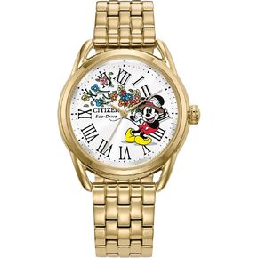 Citizen Eco-Drive Ladies' Disney Mickey Mouse Flowers "Thru the Mirror" Gold Stainless Steel Watch, 3-Hand, 36mm (Model: FE7093-57W)