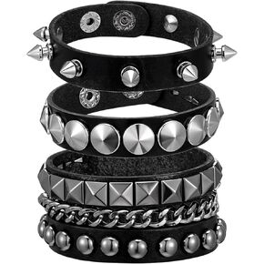 3 Pcs Punk Rock Leather Studded Bracelets, 80s Gothic Spike Cuff Bracelet Halloween Party Favors Rock Accessories