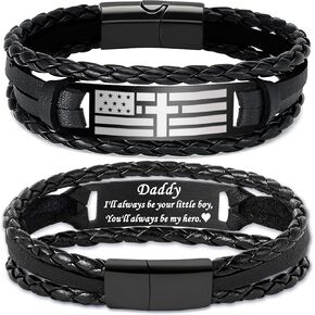 Graduation Gifts, Fathers Day Gifts, Black Braided leather Bracelets for Men Him Dad Husband Teens American Flag Cross Bible Verse Bracelet Christian Gifts Religious Jewelry Catholic