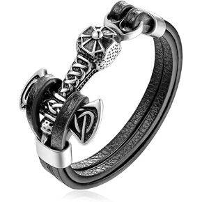 HAQUIL Viking Bracelet for Men - Viking Mjolnir Thor's Hammer Pendant - Black PU Leather (AD)