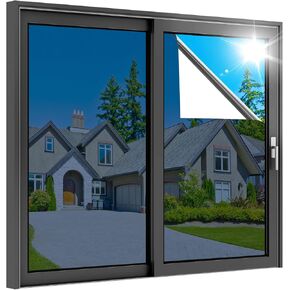 rabbitgoo One Way Window Privacy Film, Window Tint for Home, Reflective Heat Control Sun Blocking Anti UV See Out Not in Glass Door Covering Tinting Film, 17.5 in X 6.5 Feet, Blue Silver
