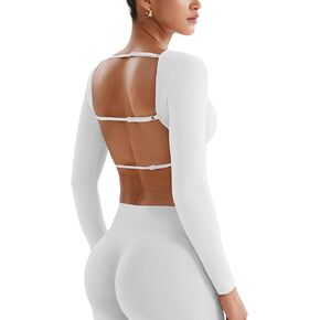 YEOREO Villay Women Sexy Backless Long Sleeve Adjustable Straps Seamless Going Out Tops Crewneck Open Back Y2K Crop Stretch