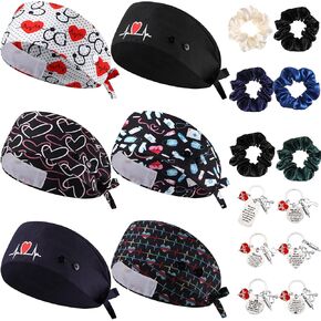 18 Pcs Nurse Caps for Women 6 Pcs Scrub Caps 6 Keychain 6 Scrunchies Nurse Appreciation Gift Set Adjustable Working hats with Button and Sweatband for Graduation
