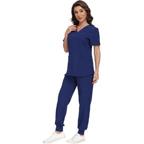 Scrubs for Women Set Stretch V-Neck Top & Jogger Scrub Pants Sets with 9 Pockets, Yoga Waistband