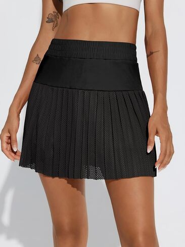 Fisoew Women's Mesh Tennis Skirts Built in Shorts High Waisted Pleated Athletic Golf Workout Skorts with Pockets in Saudi Arabia