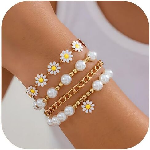 Daisy Flower Bracelets 4Pcs Pearl Beaded Flower Bracelet Gold Boho Daisy Layered Bracelet Set Blossom Bracelets Jewelry for Women in Saudi Arabia
