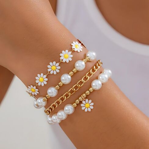 Daisy Flower Bracelets 4Pcs Pearl Beaded Flower Bracelet Gold Boho Daisy Layered Bracelet Set Blossom Bracelets Jewelry for Women in Saudi Arabia