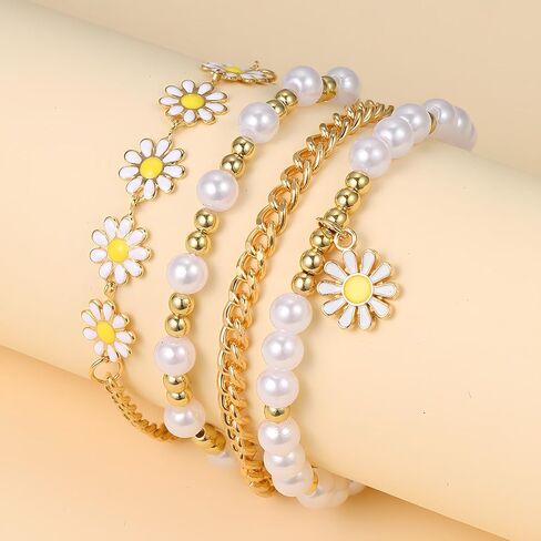 Daisy Flower Bracelets 4Pcs Pearl Beaded Flower Bracelet Gold Boho Daisy Layered Bracelet Set Blossom Bracelets Jewelry for Women in Saudi Arabia