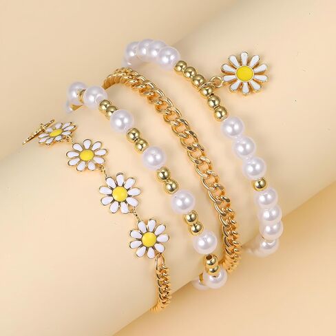 Daisy Flower Bracelets 4Pcs Pearl Beaded Flower Bracelet Gold Boho Daisy Layered Bracelet Set Blossom Bracelets Jewelry for Women in Saudi Arabia