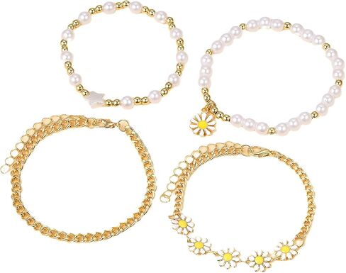 Daisy Flower Bracelets 4Pcs Pearl Beaded Flower Bracelet Gold Boho Daisy Layered Bracelet Set Blossom Bracelets Jewelry for Women in Saudi Arabia