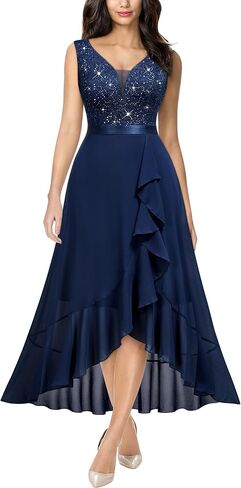 Miusol Women's Vintage V-Neck Sleeveless Sequined Floral Lace Ruffle Split Evening Party Dress in Kuwait