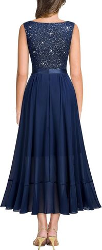 Miusol Women's Vintage V-Neck Sleeveless Sequined Floral Lace Ruffle Split Evening Party Dress in Kuwait