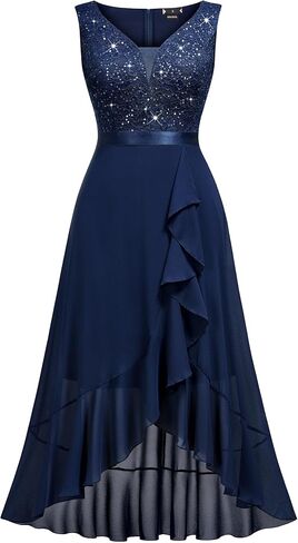 Miusol Women's Vintage V-Neck Sleeveless Sequined Floral Lace Ruffle Split Evening Party Dress in Kuwait