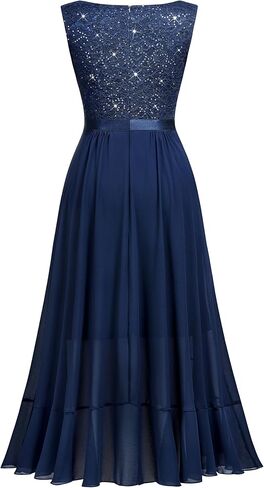 Miusol Women's Vintage V-Neck Sleeveless Sequined Floral Lace Ruffle Split Evening Party Dress in Kuwait