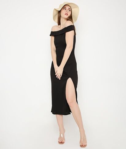 MARCEL & MAE Women's Off-Shoulder High Slit Knit Dress | Elegant One-Piece Bodycon Dress | Perfect for Cocktail Parties in Saudi Arabia