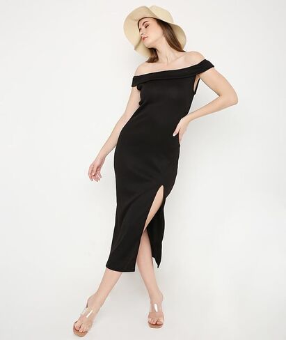MARCEL & MAE Women's Off-Shoulder High Slit Knit Dress | Elegant One-Piece Bodycon Dress | Perfect for Cocktail Parties in Saudi Arabia