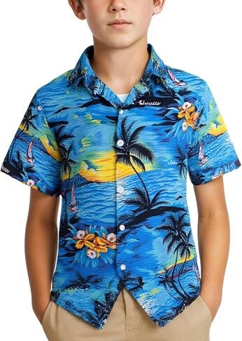 Yimoon Boys Hawaiian Shirt Floral Tropical Beach Button أسفل قمصان القميص الصيف Aloha قميص 6-13T in Kuwait
