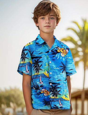 Yimoon Boys Hawaiian Shirt Floral Tropical Beach Button أسفل قمصان القميص الصيف Aloha قميص 6-13T in Kuwait