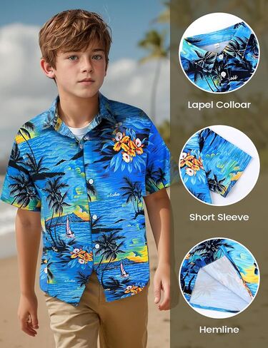 Yimoon Boys Hawaiian Shirt Floral Tropical Beach Button أسفل قمصان القميص الصيف Aloha قميص 6-13T in Kuwait
