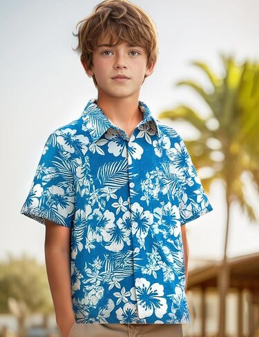 Yimoon Boys Hawaiian Shirt Floral Tropical Beach Button أسفل قمصان القميص الصيف Aloha قميص 6-13T in Kuwait