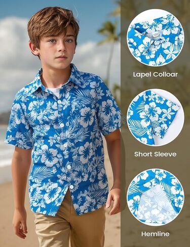 Yimoon Boys Hawaiian Shirt Floral Tropical Beach Button أسفل قمصان القميص الصيف Aloha قميص 6-13T in Kuwait