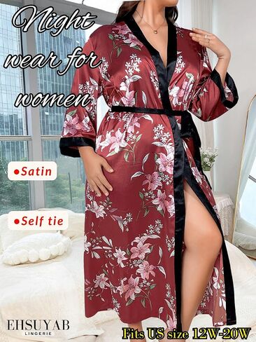 Sexy Plus Size Robe For Women, Fits 12W-20W, Long Silky Satin Robes Valentines Boudoir Sleepwear in Kuwait