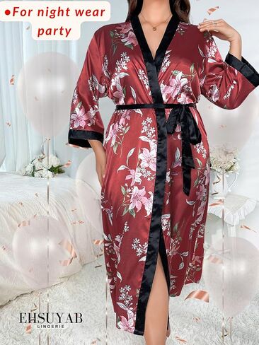 Sexy Plus Size Robe For Women, Fits 12W-20W, Long Silky Satin Robes Valentines Boudoir Sleepwear in Kuwait