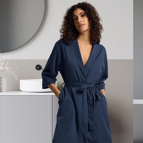 SIORO Women's Waffle Knit Lightweight Robe, Short Kimono Bathrobe with Pockets, Soft 3/4 Sleeve Loungewear for Spa & Summer in Kuwait