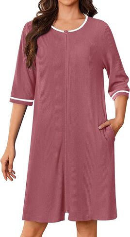 ekouaer zip up أردية للمرأة القصيرة وافل رداء الاستحمام خفيفة الوزن معطف 3/4 ثمل ناعم مع جيوب S-3XL in Kuwait