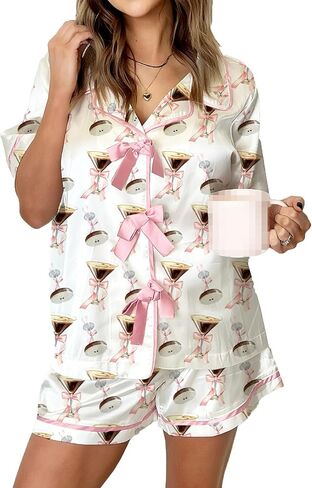 Womens Bow Front Tie Up Pajamas Two Piece Outfit Y2k Floral Martini Coquette Silk Satin Pjs Shirt Shorts Pajama Set in Saudi Arabia