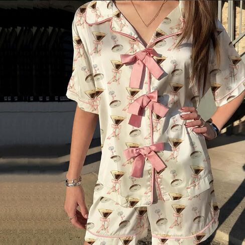 Womens Bow Front Tie Up Pajamas Two Piece Outfit Y2k Floral Martini Coquette Silk Satin Pjs Shirt Shorts Pajama Set in Saudi Arabia