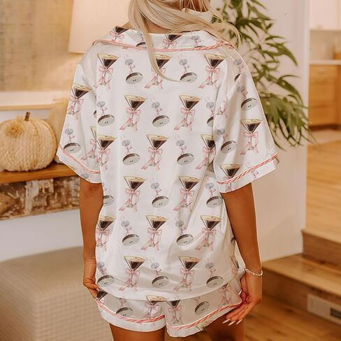 Womens Bow Front Tie Up Pajamas Two Piece Outfit Y2k Floral Martini Coquette Silk Satin Pjs Shirt Shorts Pajama Set in Saudi Arabia